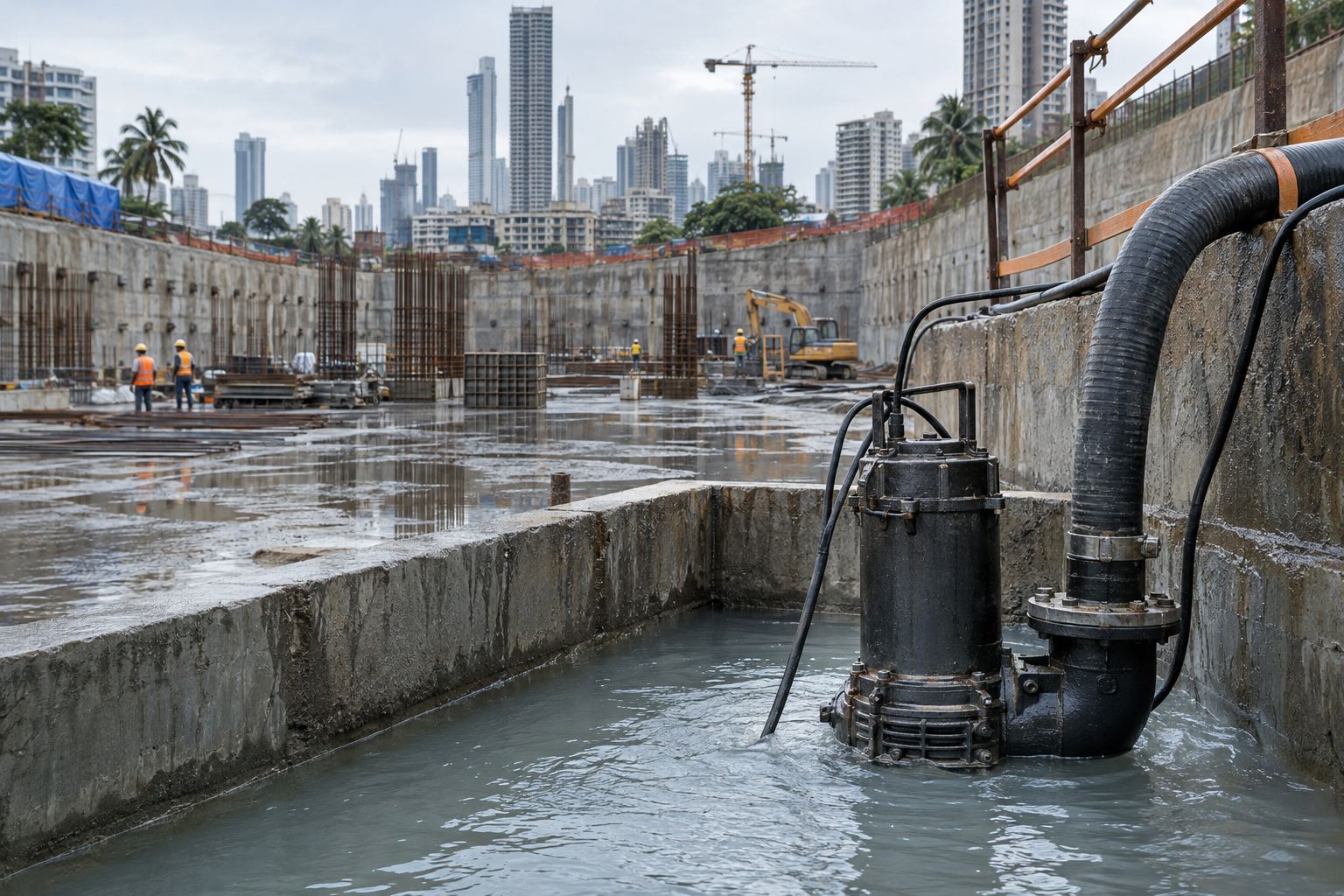 Submersible Dewatering Pump on Hire in Mumbai at a construction site